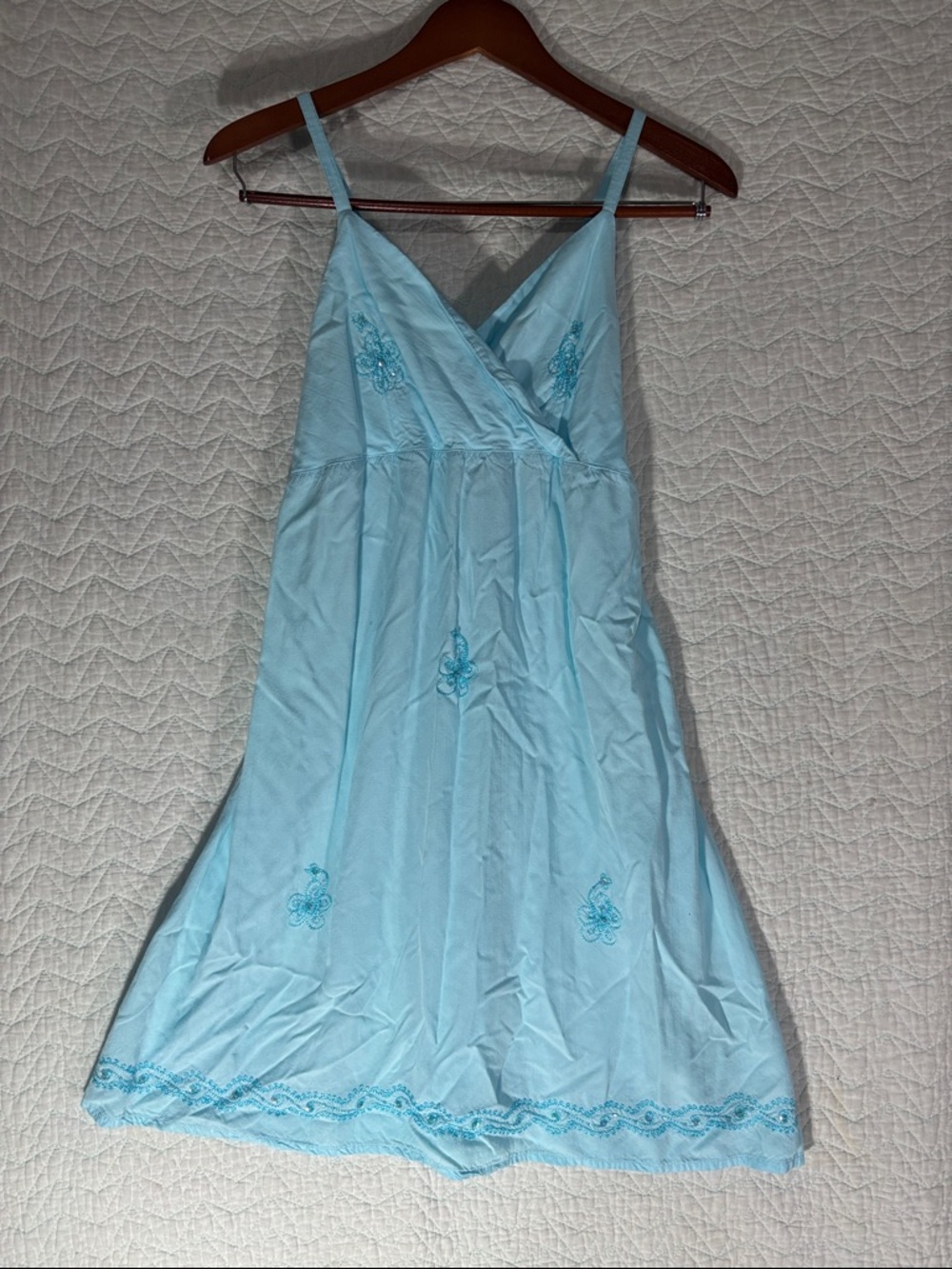 Light Blue Embroidered V-Neck Sun Dress